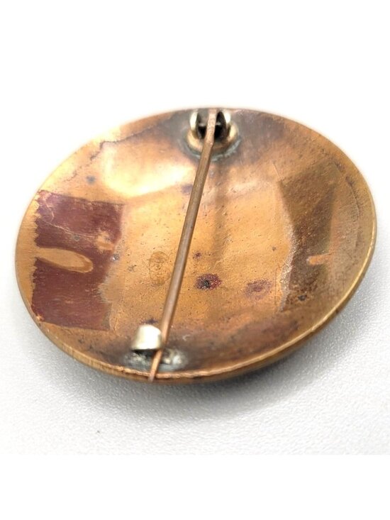 Antique Champleve Brooch Asian Geisha Enamel Copper Round Metal C Clasp - Picture 4 of 4